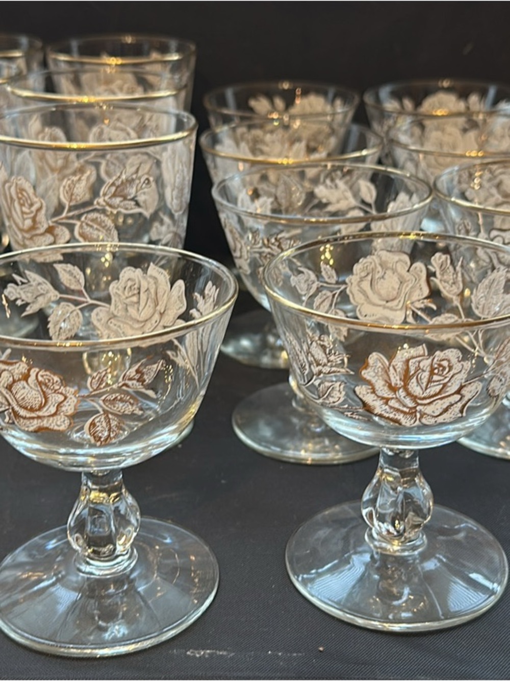 Etched Rose Glass Dessert Coupes - Set